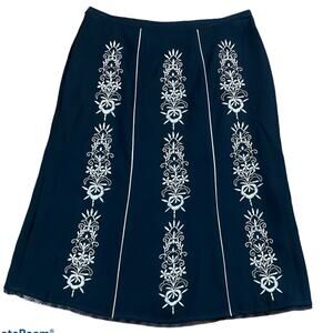 Loft Floral A Line Embroidered Skirt Black White Lined 2P